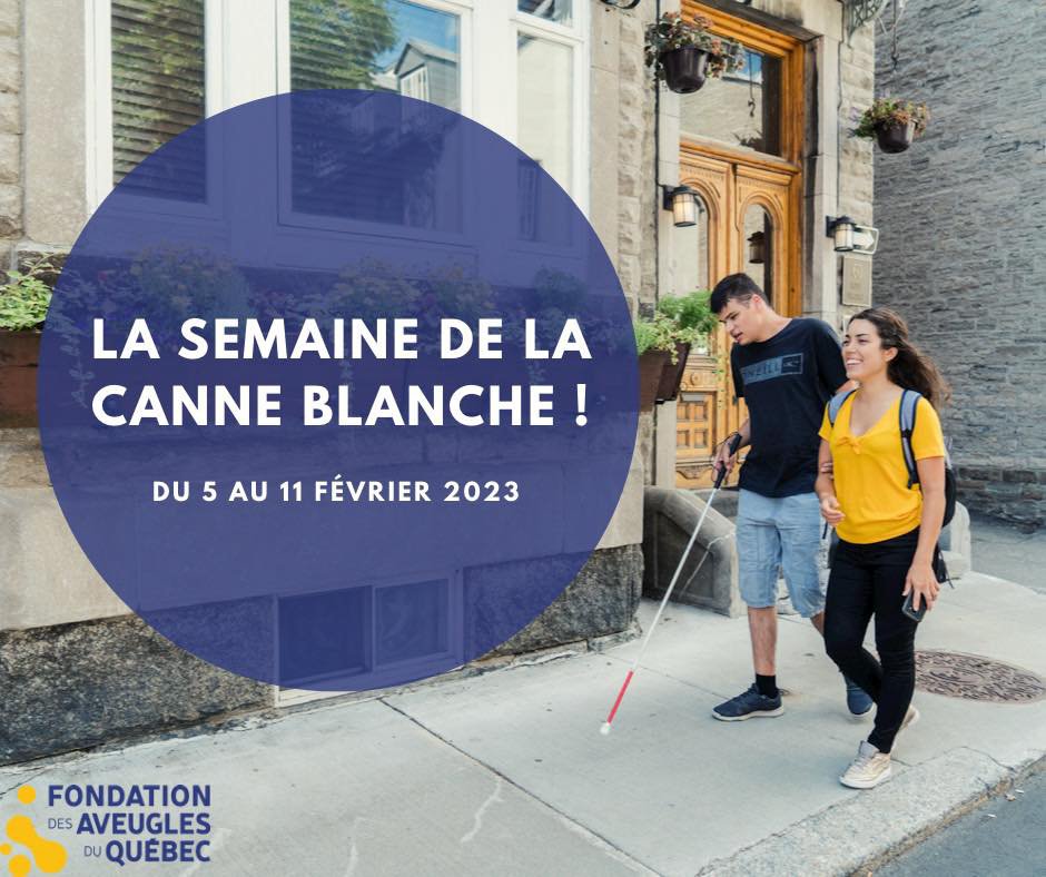 photo semaine de la canne blanche homme avec canne blanche et femme devant batiment